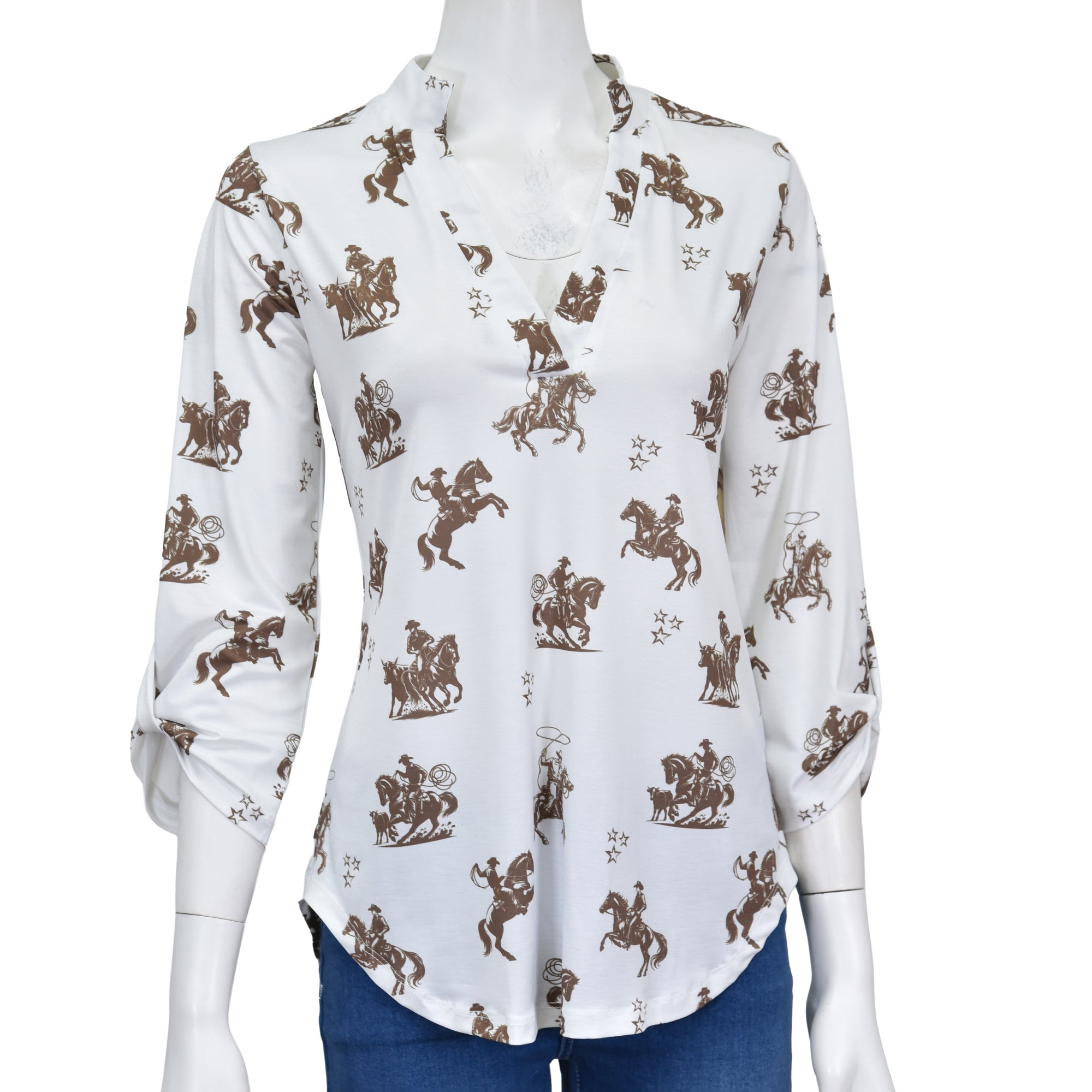 Women’s CH White “Desert Bronc” ¾ Sleeve Top from Cowboy Hardware