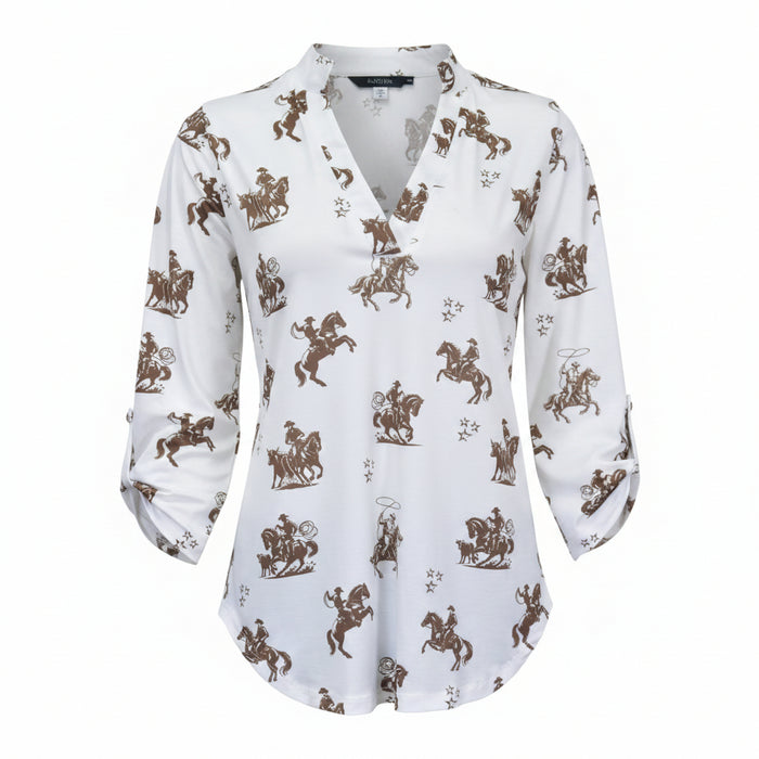 Women’s CH White “Desert Bronc” ¾ Sleeve Top from Cowboy Hardware