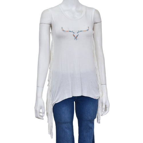 Women's CH White "Embroidered Aztec Skull" Side Fringe Tank from Cowboy Hardware