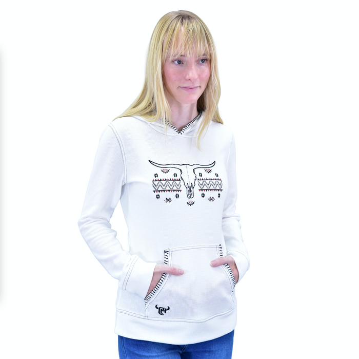 Women's CH White "Skull Aztec" Long Sleeve w/Hood Thermal Shirt from Cowboy Hardware