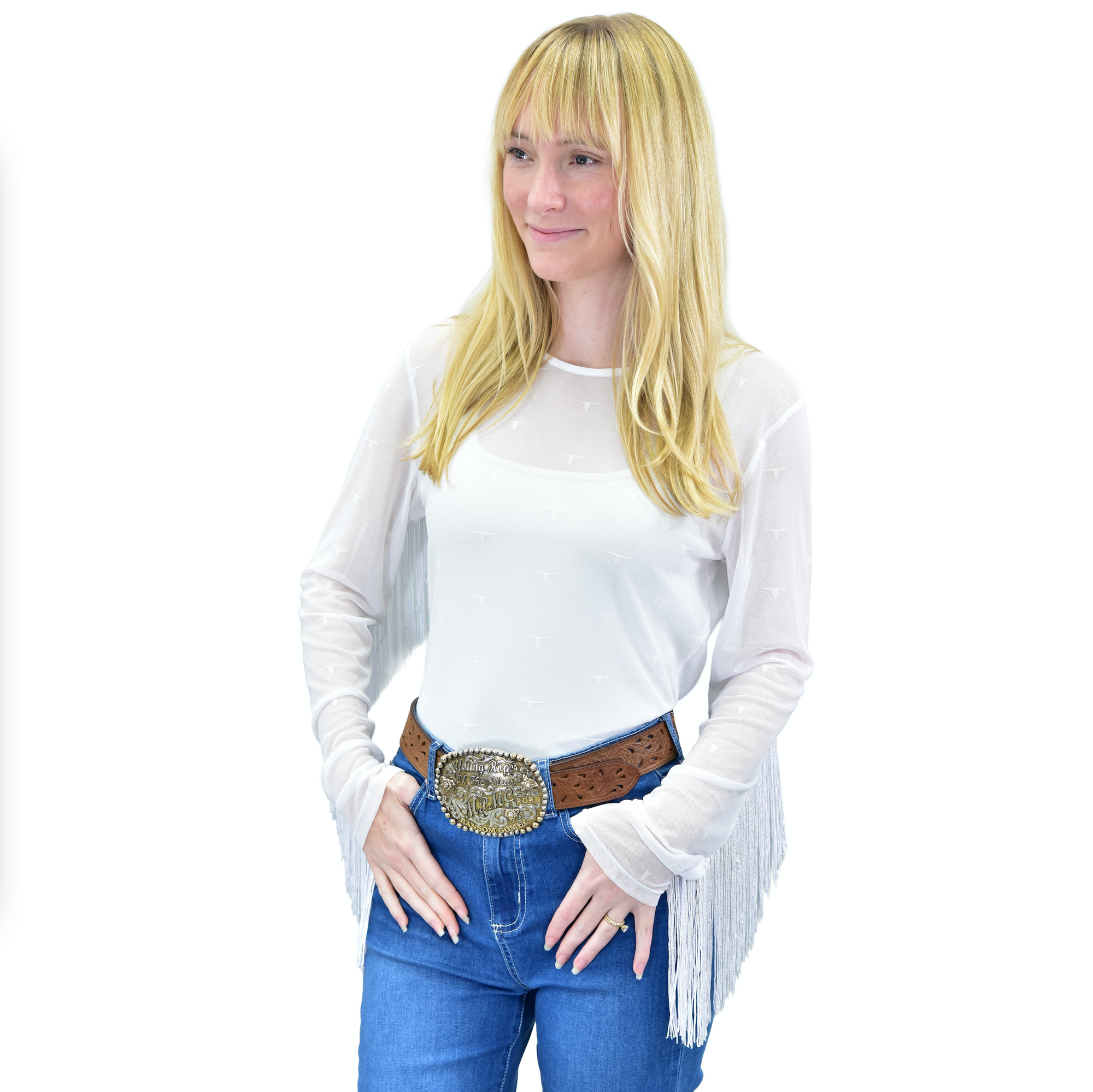 Women's CH White "Skull Scatter" Long Sleeve Mesh Top from Cowboy Hardware