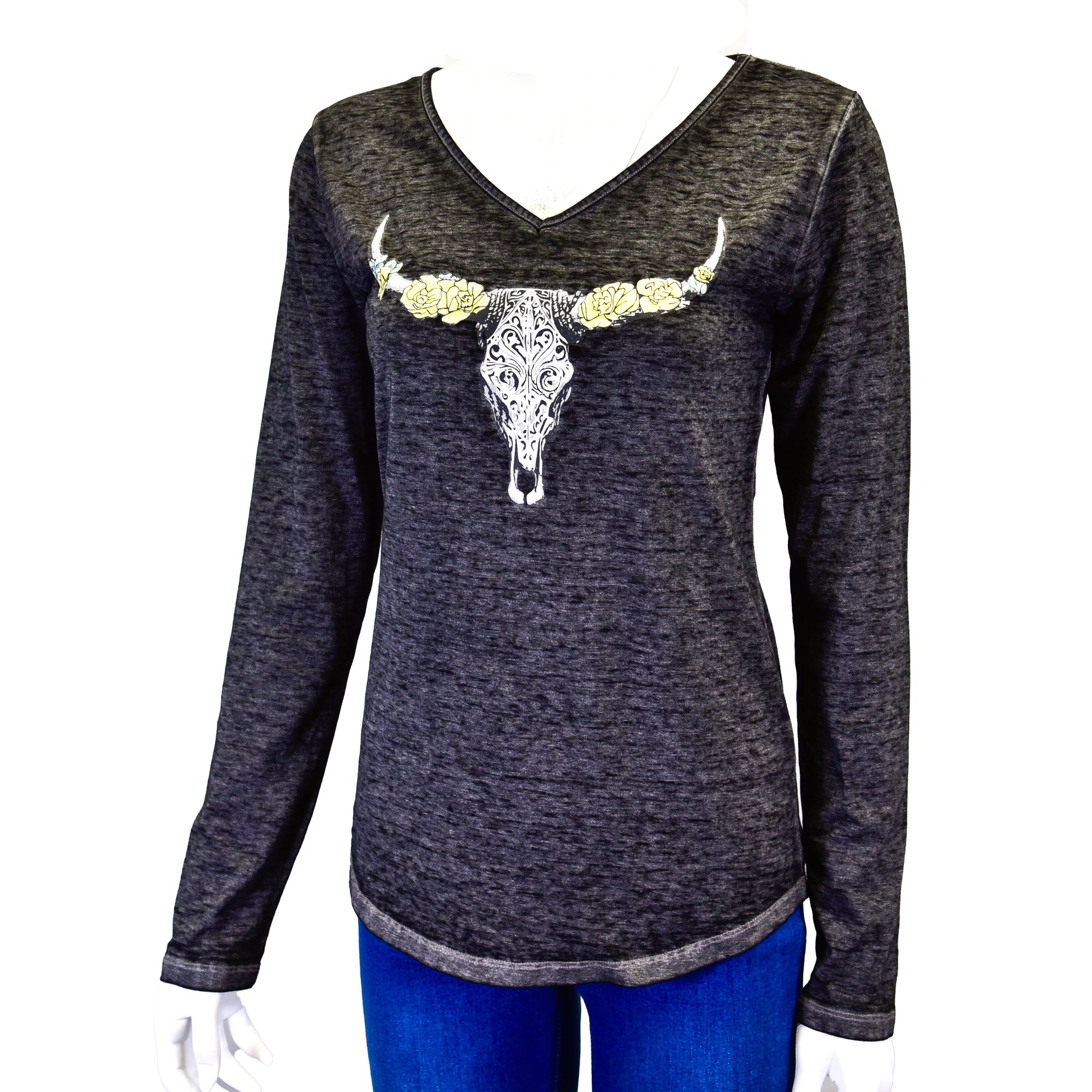 Women's CH "Carved Floral Skull" Black Long Sleeve Blouse from Cowboy Hardware