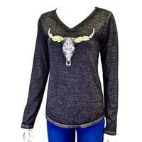 Women's CH "Carved Floral Skull" Black Long Sleeve Blouse from Cowboy Hardware