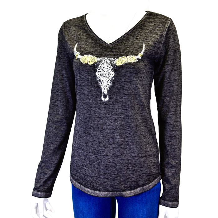 Women's CH "Carved Floral Skull" Black Long Sleeve Blouse from Cowboy Hardware