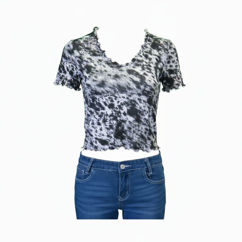 Women's CH "Cowhide V-Neck" Black Short Sleeve Blouse from Cowboy Hardware