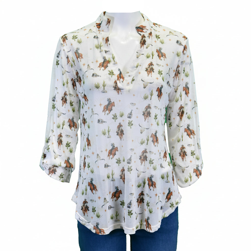 Women's CH "Desert Cowpoke Mesh" White 3/4 Sleeve Blouse from Cowboy Hardware