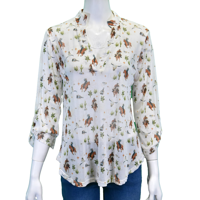 Women's CH "Desert Cowpoke Mesh" White 3/4 Sleeve Blouse from Cowboy Hardware
