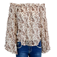 Women's CH "Floral Off Shoulder" Cream Long Sleeve Blouse from Cowboy Hardware