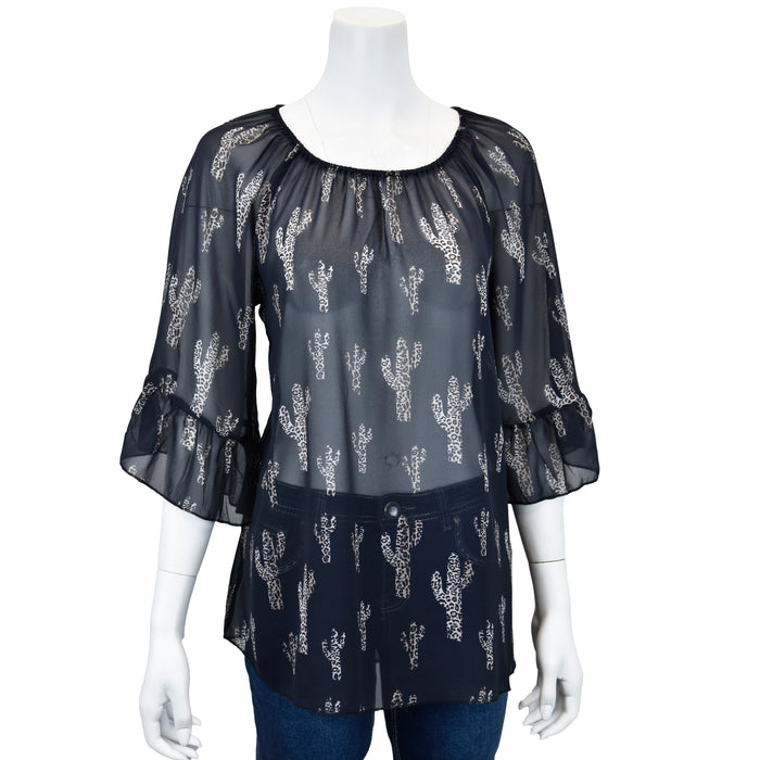 Women's CH "Leopard Chiffon" Black 3/4 Sleeve Blouse from Cowboy Hardware