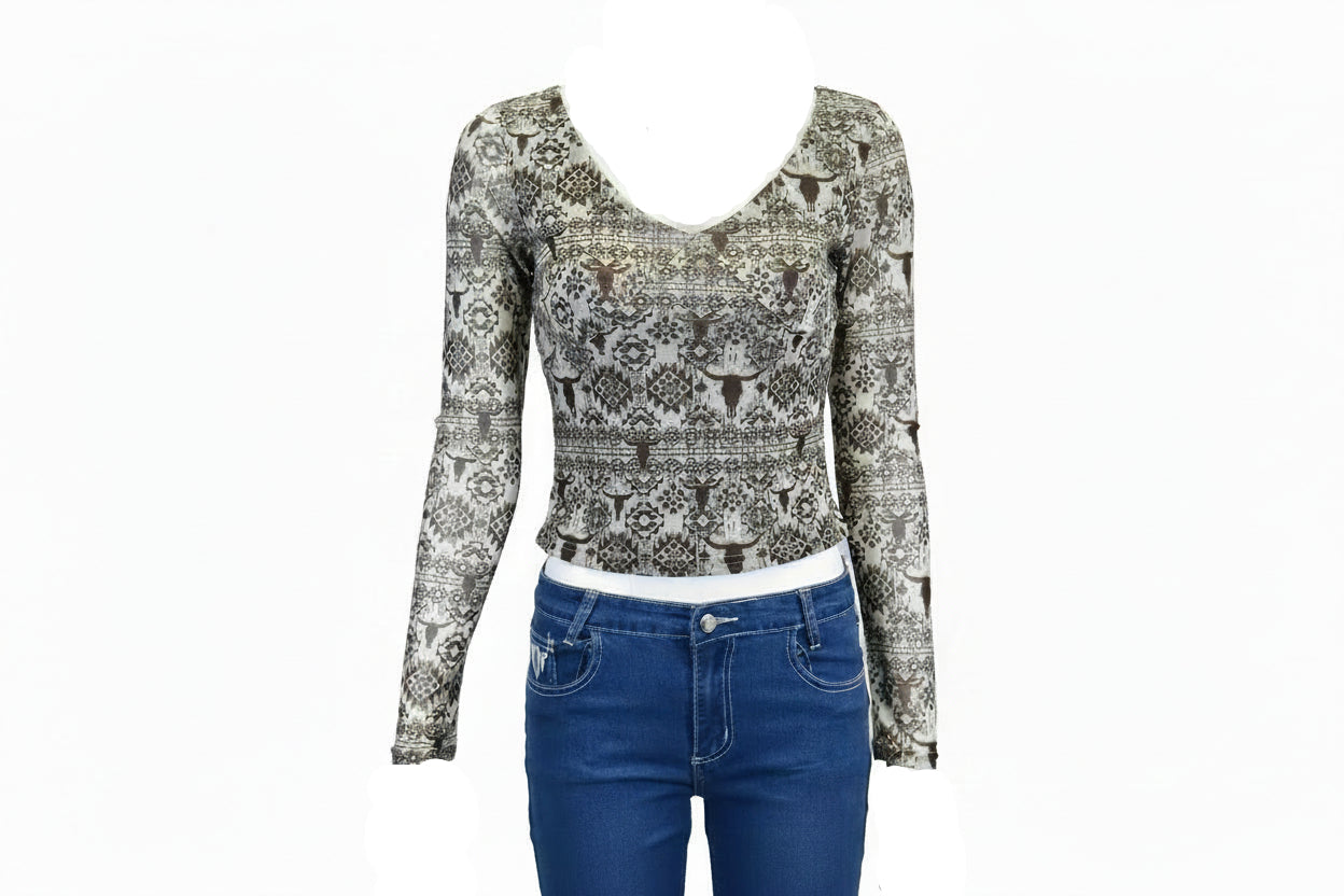 Women's CH Tan "Mayan Skull" Long Sleeve Blouse