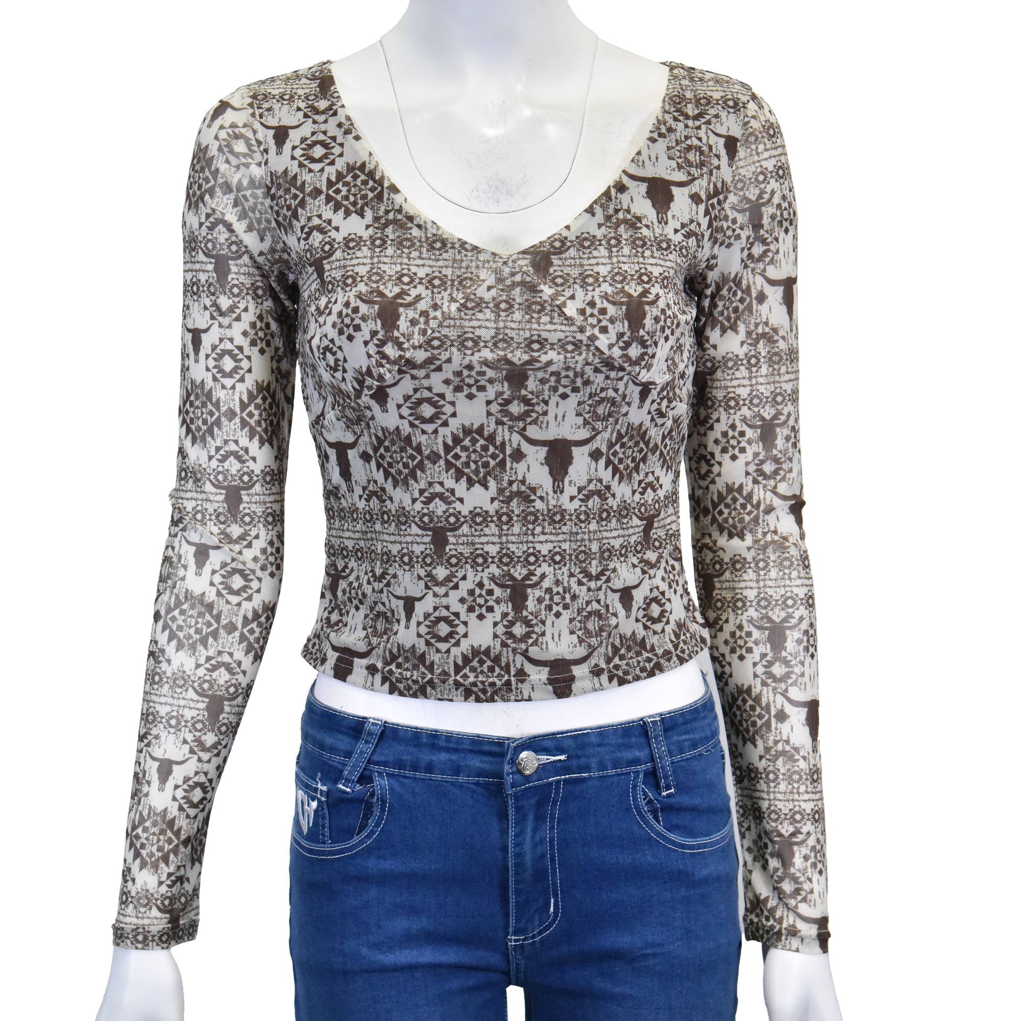Women's CH "Mayan Skull" Tan Long Sleeve Blouse