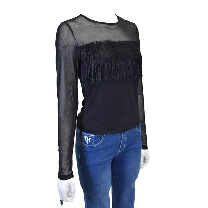 Women's CH "Mesh Yoke Fringe" Black Long Sleeve Blouse from Cowboy Hardware