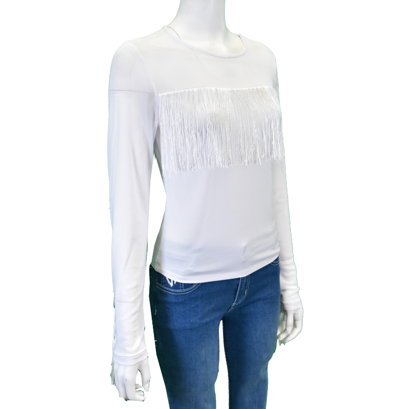 Women's CH "Mesh Yoke Fringe" White Long Sleeve Blouse from Cowboy Hardware