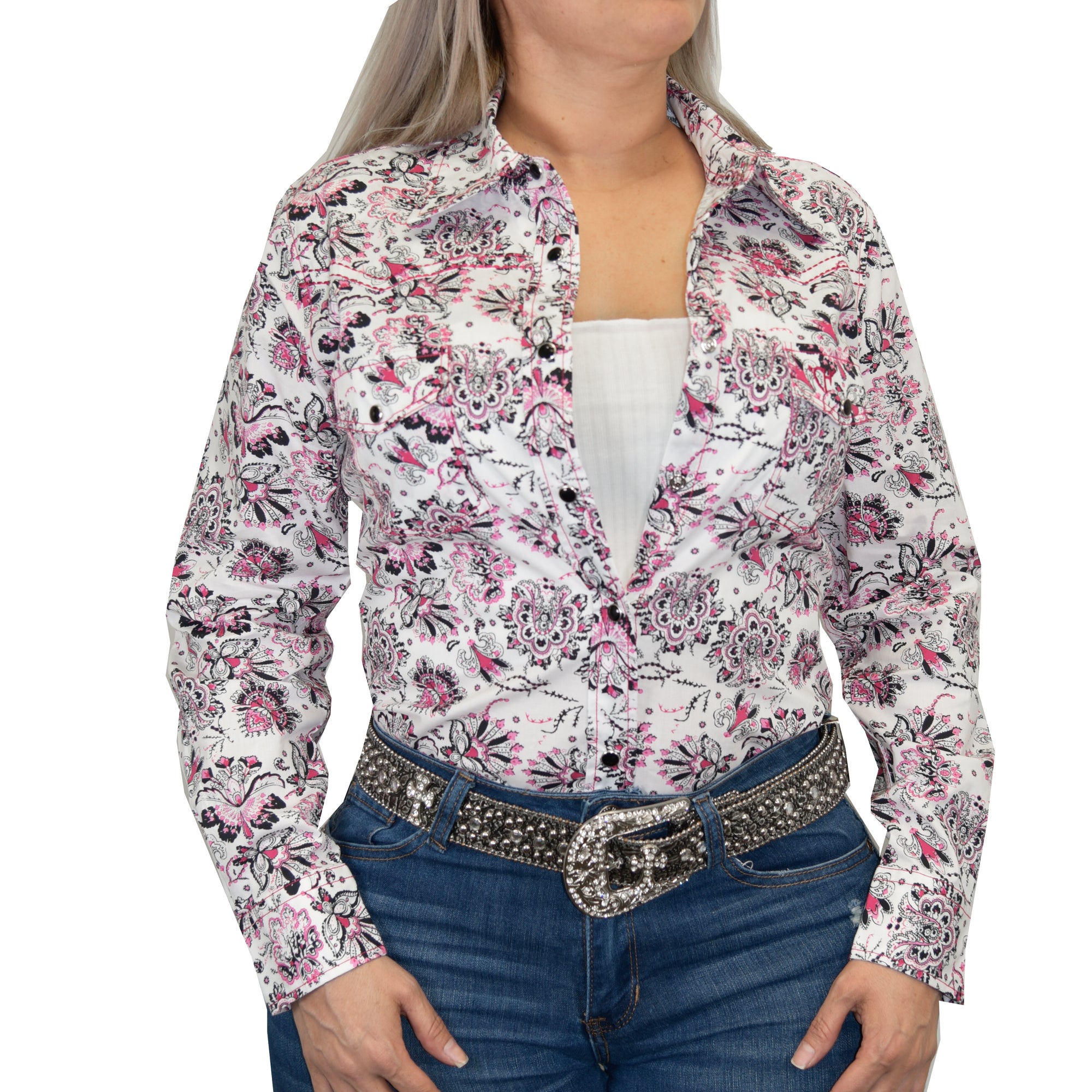 Women's CH "Peacock Paisley" White Long Sleeve Western Shirt from Cowboy Hardware