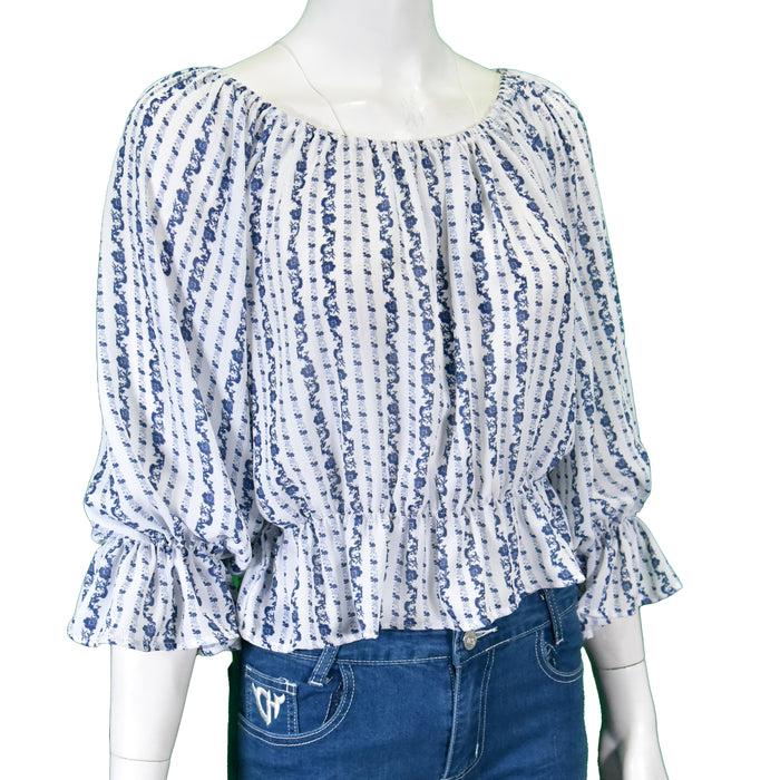 Women's CH "Striped Floral" White 3/4 Sleeve Blouse from Cowboy Hardware