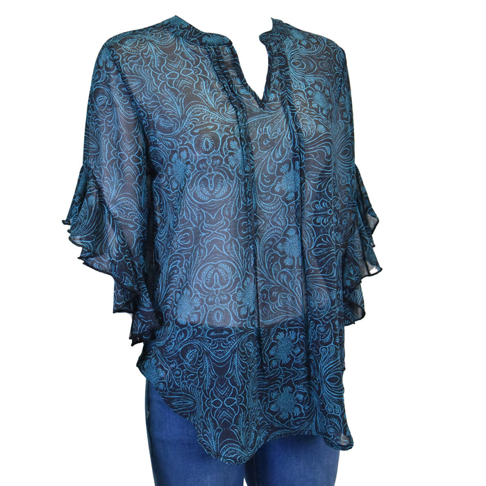 Women's CH "Tooled Floral" Black 3/4 Sleeve Blouse from Cowboy Hardware