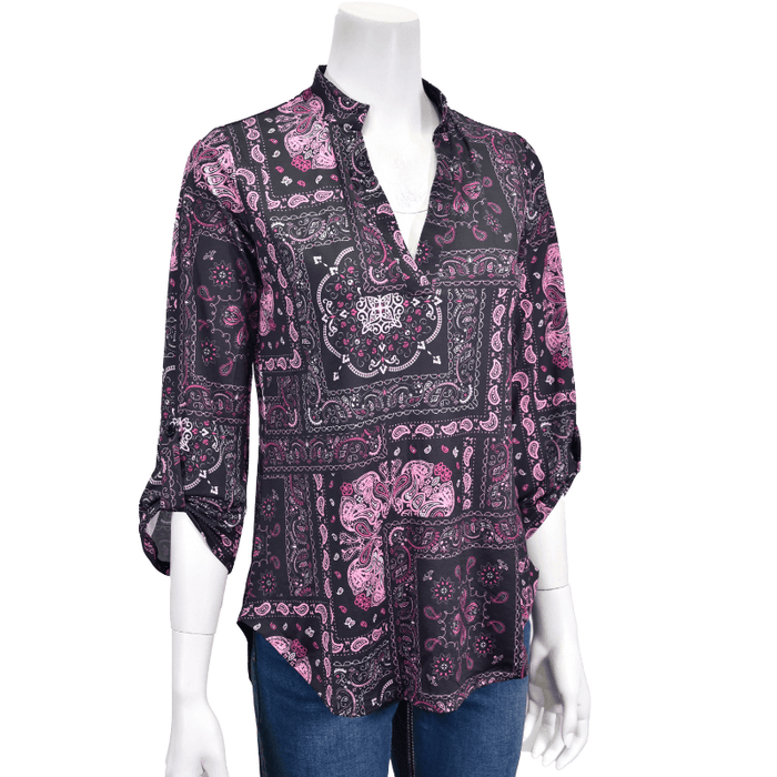 Women's Cowgirl Black & Pink Patchwork Bandana Hi Lo Top 3/4 Sleeve from Cowboy Hardware