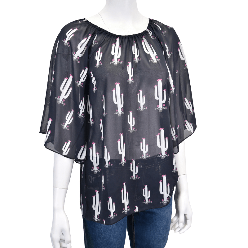 Women's Cowgirl Black & White All Over Saguaro Angel 3/4 Sleeve Blouse from Cowboy Hardware