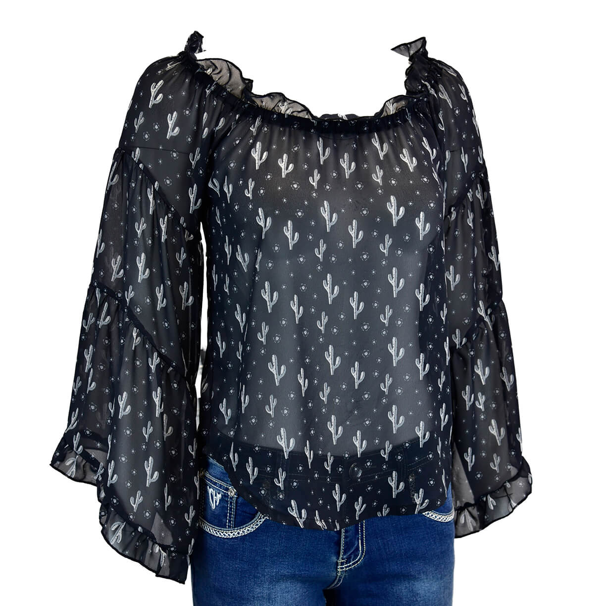 Women's Cowgirl Hardware Black Daisy Cactus Chiffon Off