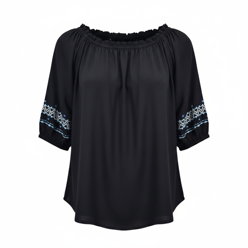 Women's Cowgirl Hardware Black Southwest Sleeve Wrap Embroidered Short Sleeve Blouse from Cowboy Hardware