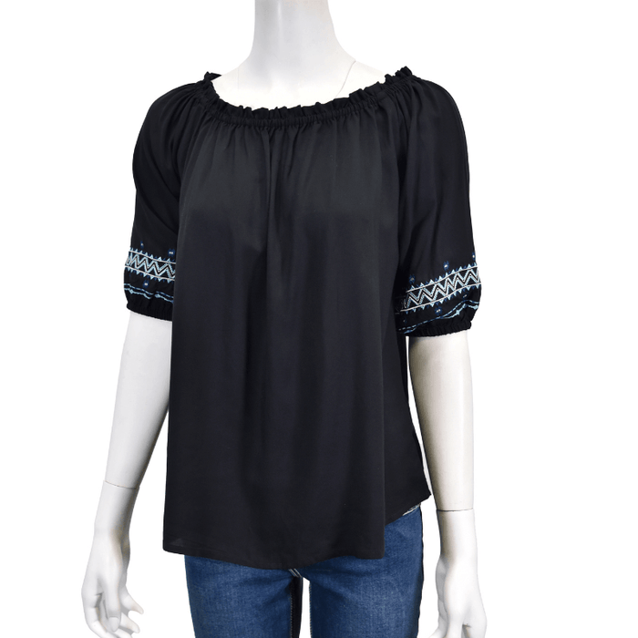 Women's Cowgirl Hardware Black Southwest Sleeve Wrap Embroidered Short Sleeve Blouse from Cowboy Hardware
