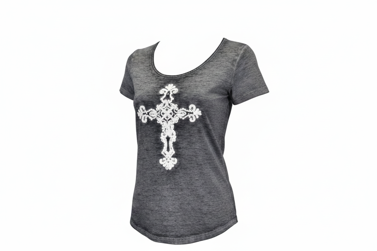 Women's Cowgirl Hardware Black with White Cross Fabric Cross Scoop Neck Short Sleeve Acid Wash Tee from Cowboy Hardware