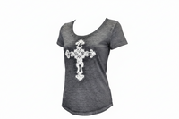 Women's Cowgirl Hardware Black with White Cross Fabric Cross Scoop Neck Short Sleeve Acid Wash Tee from Cowboy Hardware