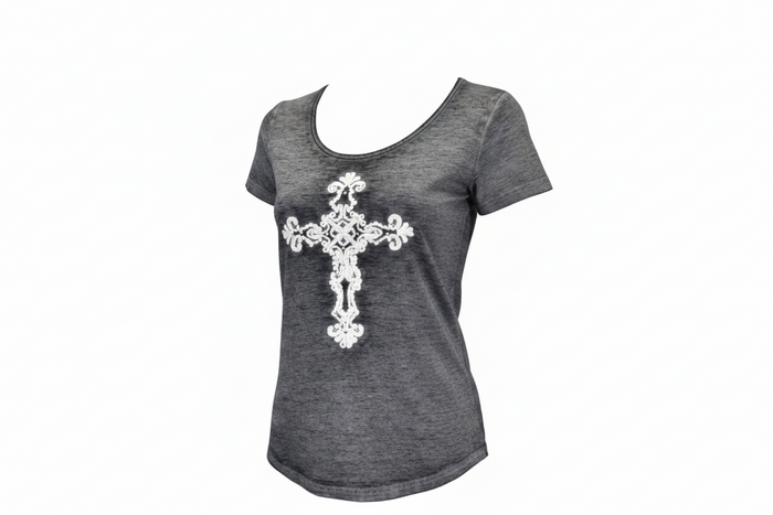 Women's Cowgirl Hardware Black with White Cross Fabric Cross Scoop Neck Short Sleeve Acid Wash Tee from Cowboy Hardware