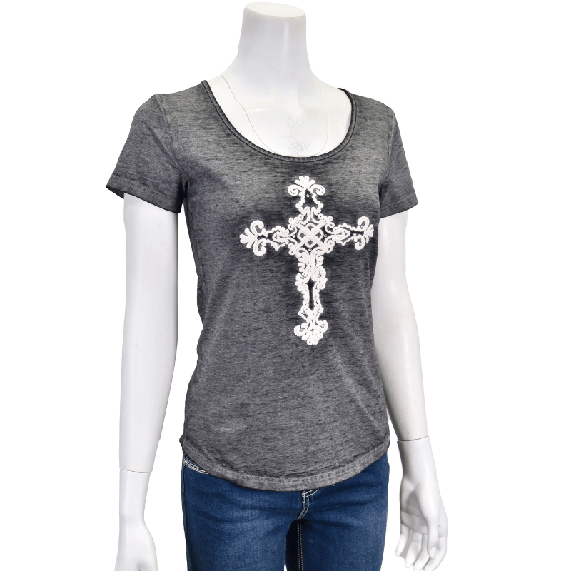 Women's Cowgirl Hardware Black with White Cross Fabric Cross Scoop Neck Short Sleeve Acid Wash Tee from Cowboy Hardware