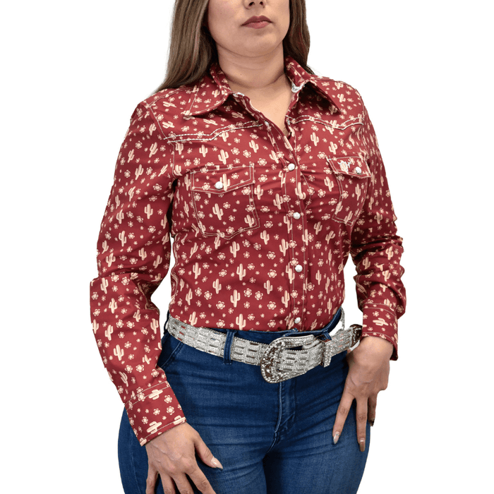 Women's Cowgirl Hardware Burgundy Daisy Cactus Long Sleeve Western Shirt from Cowboy Hardware