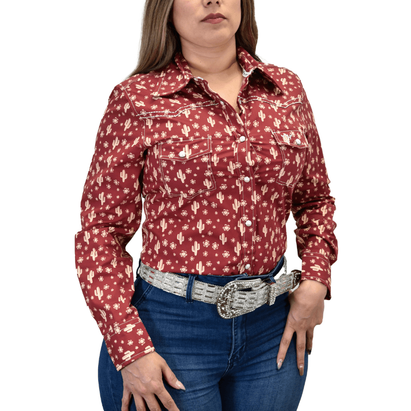 Women's Cowgirl Hardware Burgundy Daisy Cactus Long Sleeve Western Shirt Women's Cowgirl Hardware Burgundy Daisy Cactus Long Sleeve Western Shirt