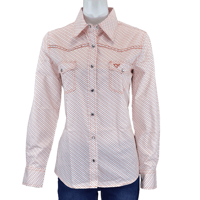 Women's Cowgirl Hardware Coral and White Donut Long Sleeve Western Shirt from Cowboy Hardware