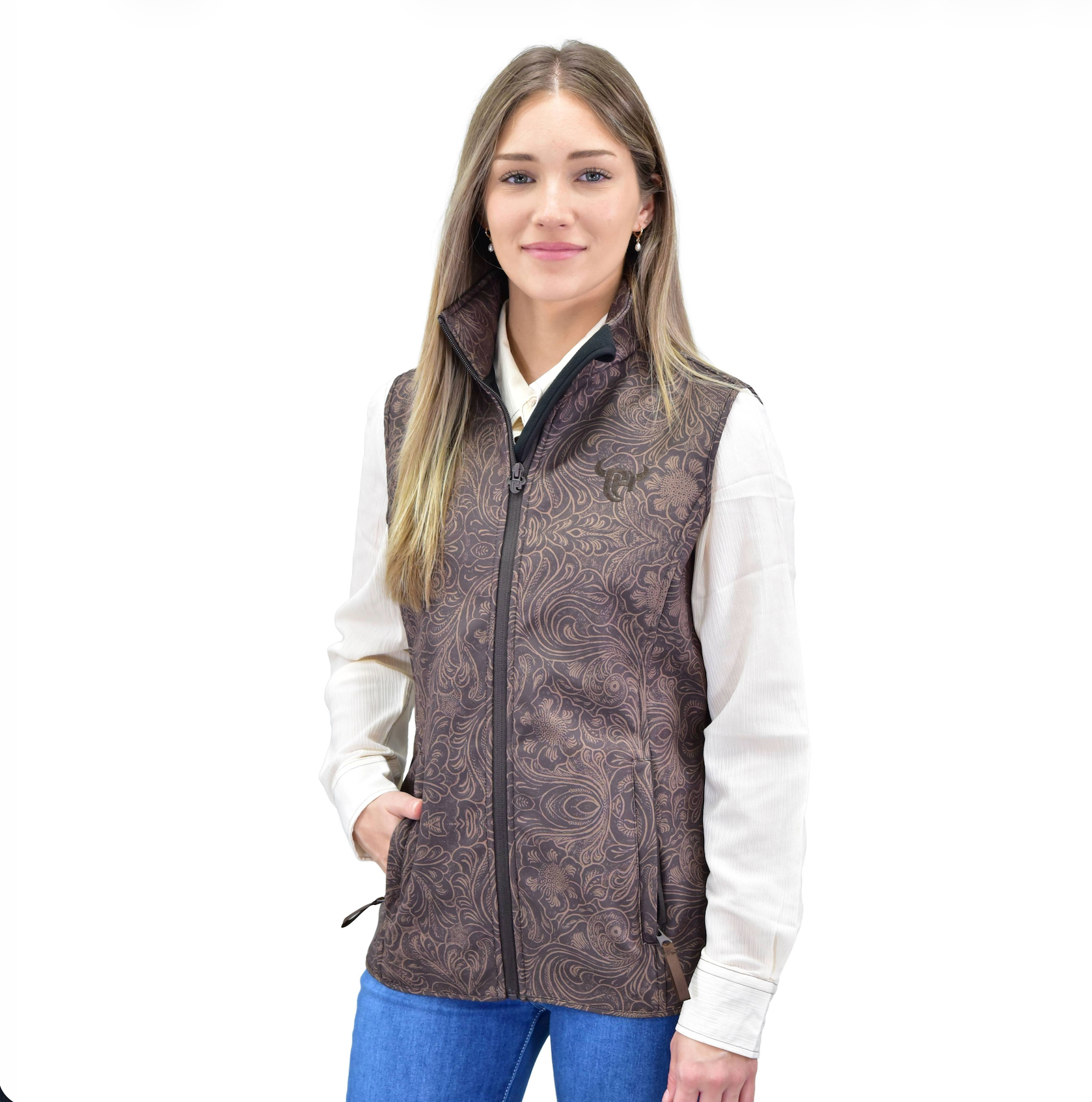 Women's Cowgirl Hardware Dark Brown "Tooled Floral" Poly Shell Vest from Cowboy Hardware