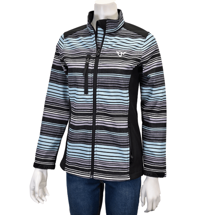 Women's Cowgirl Hardware Desert Serape Poly Shell Jacket, Body with Serape in Turquoise, Grey and Black Stripes with Black Side Panels. from Cowboy Hardware