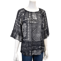 Women's Cowgirl Hardware Flowy Black Patchwork Bandana Bell Sleeve Top from Cowboy Hardware