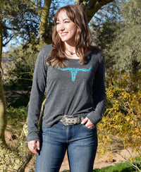 Women's Cowgirl Hardware Heather Black with Blue Vine Skull Scoop Neck Long Sleeve T-Shirt from Cowboy Hardware