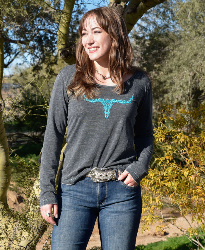 Women's Cowgirl Hardware Heather Black with Blue Vine Skull Scoop Neck Long Sleeve T-Shirt from Cowboy Hardware