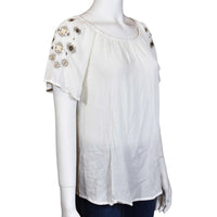 Women's Cowgirl Hardware Off-White Rayon Crinkle Short Sleeve Emb Blouse from Cowboy Hardware