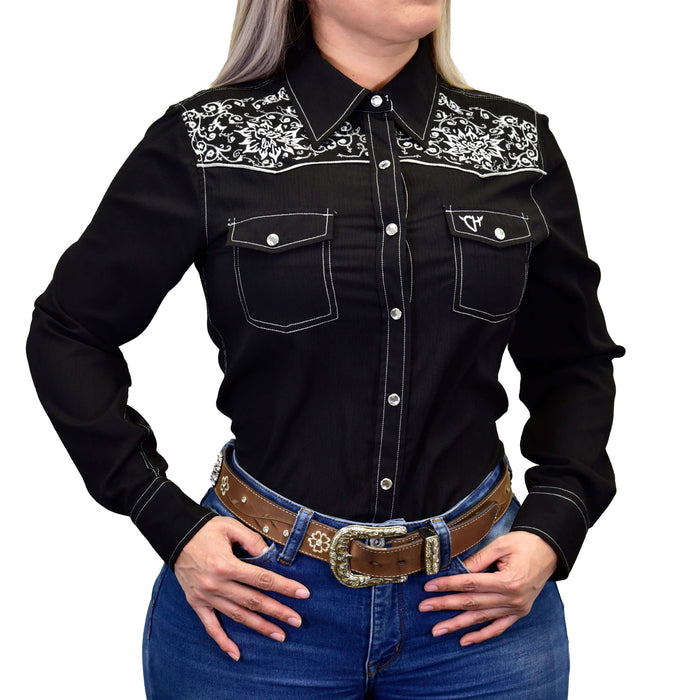 Women's Cowgirl Hardware Vintage Black Embroidered Long Sleeve Solid Western Shirt from Cowboy Hardware