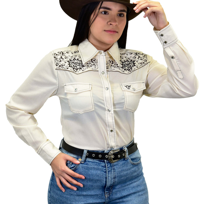 Women's Cowgirl Hardware Vintage Off-White Embroidered Long Sleeve Solid Western Shirt from Cowboy Hardware