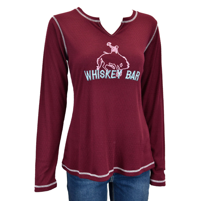 Women's Cowgirl Hardware Whiskey Bar Long Sleeve Maroon Thermal Tee from Cowboy Hardware