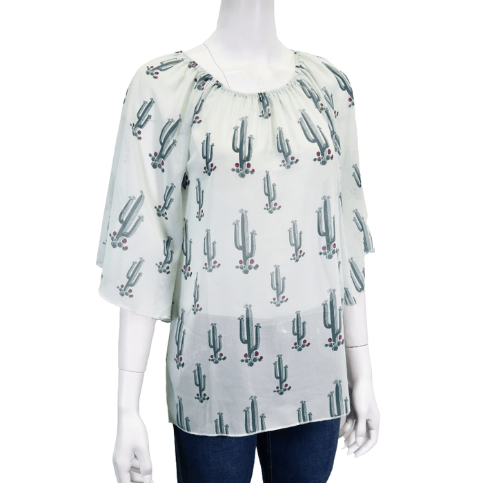 Women's Cowgirl Mint Green & White All Over Saguaro Angel 3/4 Sleeve Blouse from Cowboy Hardware