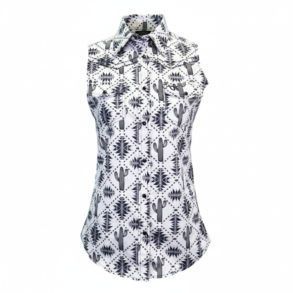 Women's Cowgirl White & Black Aztec Saguaro Sleeveless Tank from Cowboy Hardware