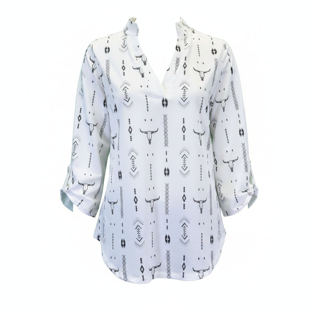 Women's Skull Aztec HiLo 3/4 Sleeve Top from Cowboy Hardware