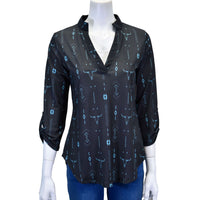 Women's CH Black "Skull Aztec" Hi-Lo 3/4 Sleeve Top from Cowboy Hardware