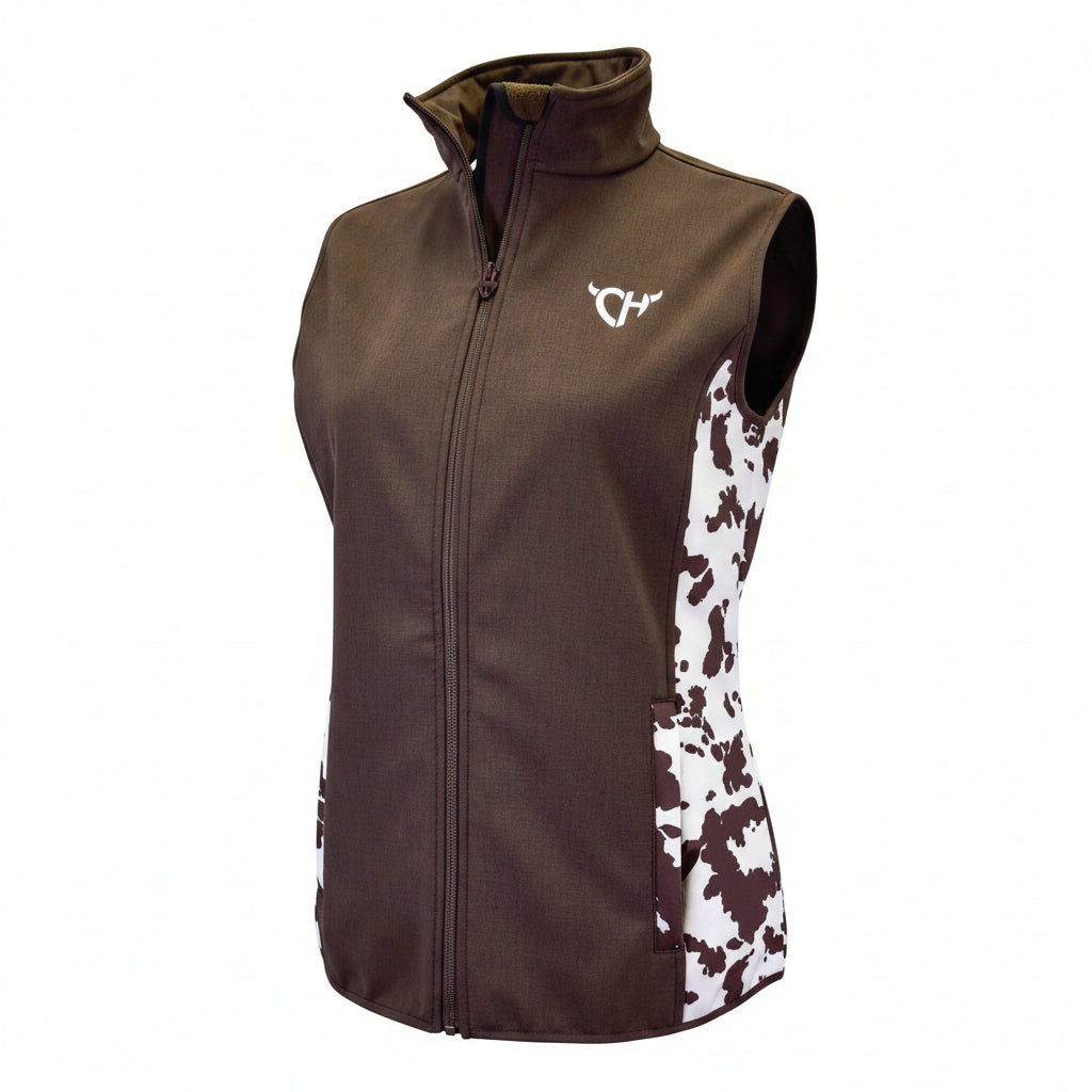 Women's CH Dark Chocolate "Cow-print Accent" Poly Shell Vest from Cowboy Hardware