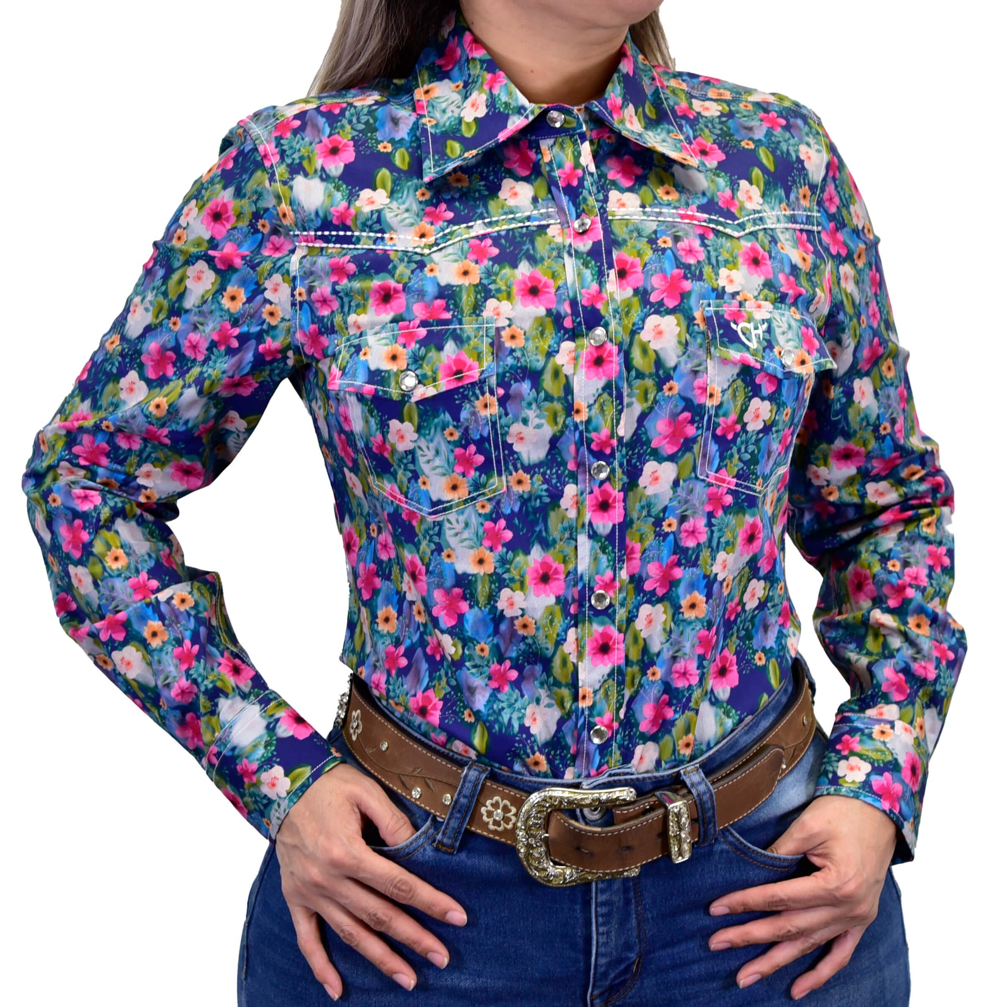 Women's CH Navy "Floral Monet" Long Sleeve Western Shirt from Cowboy Hardware