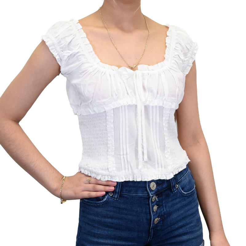 Women's CH White "Ruffle Sleeve" Short Sleeve Smock Top from Cowboy Hardware