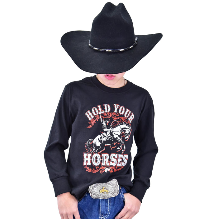 Youth Boy's CH Black "Hold Your Horses" Long Sleeve T-Shirt from Cowboy Hardware