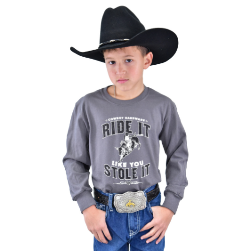 Youth Boy's CH Charcoal "Ride It Like You Stole It" Long Sleeve T-Shirt from Cowboy Hardware